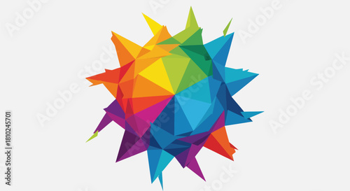 Abstract geometric polygonal shape in vibrant rainbow colors on white background