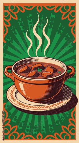 Vertical illustration of a hot bowl of beef stew. Retro poster art with halftone details and an ornamental frame
