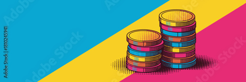 Pop art illustration of stacked coins in a retro comic book style. Vector graphic representing money, finance, and investment. Colorful banner background design