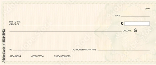 Blank bank check, checkbook cheque template or money payment paper voucher, vector mockup. Business or personal account cash pay cheque certificate or paycheck coupon from checkbook