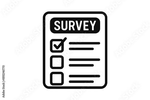 Black and white icon of a survey form with a checklist and a checked box