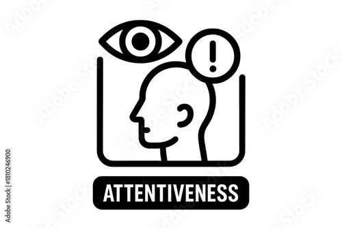 Attentiveness concept icon showing a human head profile, observing eye, and alertness symbol