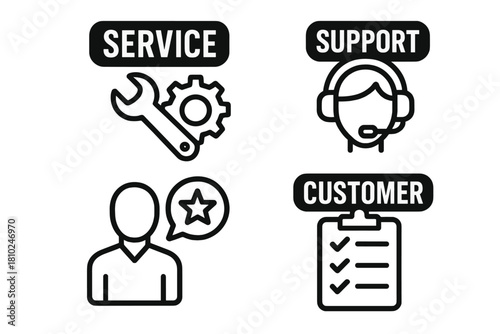 Essential symbols for business service, technical support, customer feedback, and satisfaction management