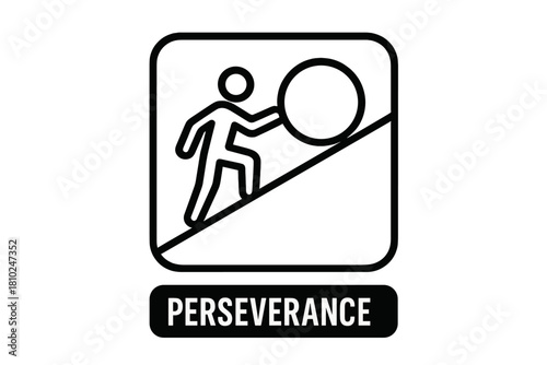 Stylized figure pushing large circular object up steep slope symbolizing determination