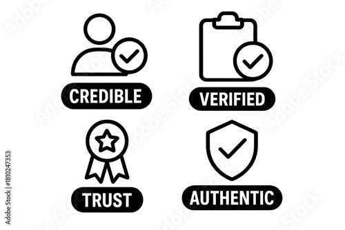Four essential business icons representing credibility, verification, trust, and authenticity