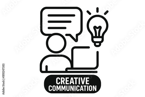 Minimalist line art icon of person working on laptop generating creative ideas and communicating concepts