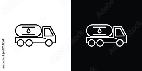 Fuel truck icons pack. Set of black and white liner stroke symbols