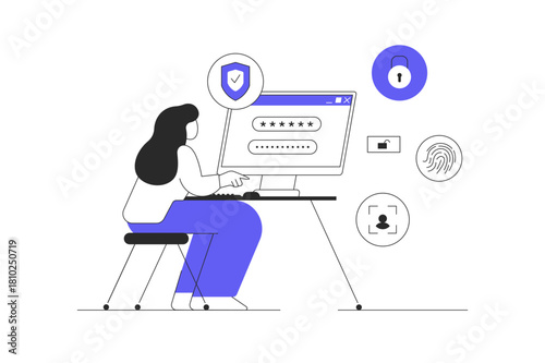 Data protection internet security. Lock personal data with fingerprint, face scan or password. Woman enters a password on a laptop. Flat Cartoon Vector Illustration, icon Stylish abstract design web
