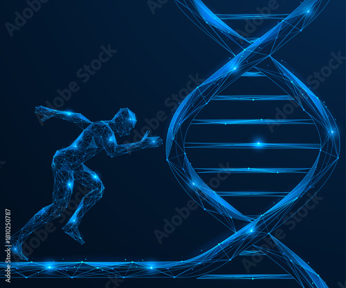 The race of genetic progress. A person runs along the structure of the DNA helix. The concept of linking human capabilities, sports and biotechnology. Polygonal design, blue background.