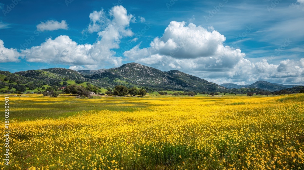 Fototapeta premium A vast meadow filled with bright yellow wildflowers stretches towards distant hills under fluffy clouds.