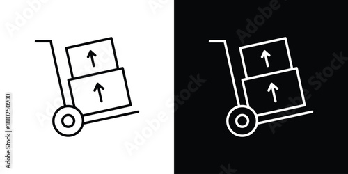Hand truck icons pack. Set of black and white liner stroke symbols