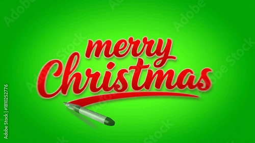 Merry christmas text animation drawn by pen on chroma key green screen background ready for keying