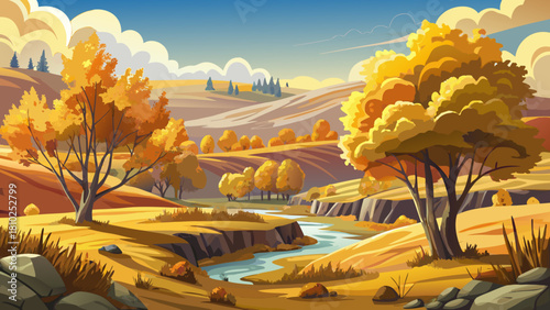 Very beautiful autumn scene showcasing golden cottonwood trees filling the rolling coulees near New Town, North Dakota, with warm seasonal colors, soft light, and a peaceful rural atmosphere.