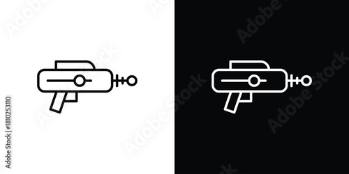 Laser gun icons pack. Set of black and white liner stroke symbols