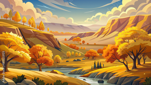 Very beautiful autumn scene showcasing golden cottonwood trees filling the rolling coulees near New Town, North Dakota, with warm seasonal colors, soft light, and a peaceful rural atmosphere.