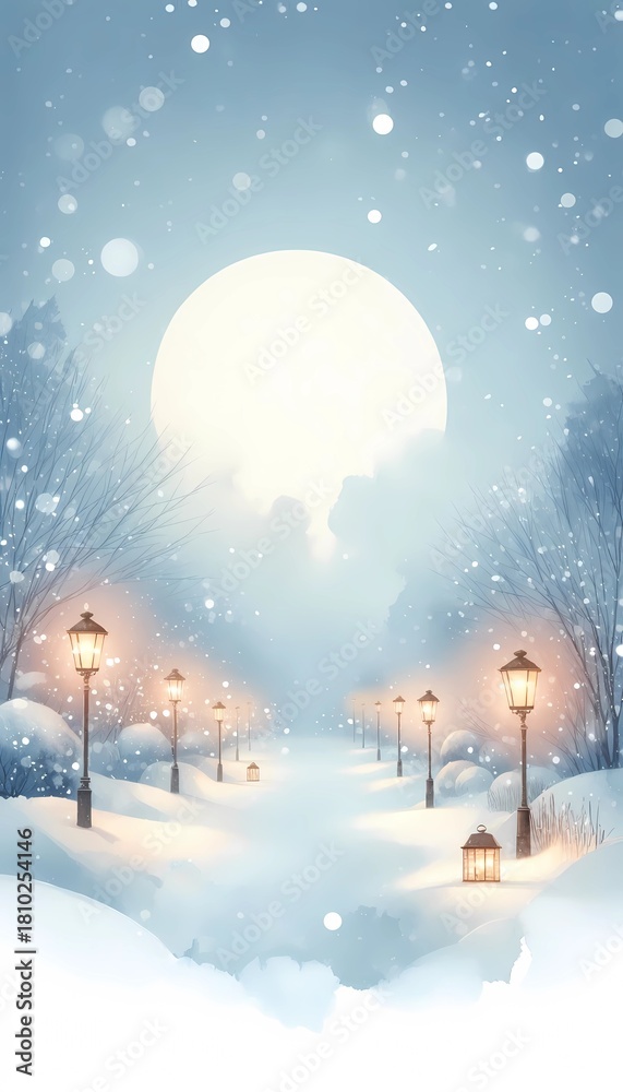 Obraz premium Winter landscape with snow covered path and streetlights
