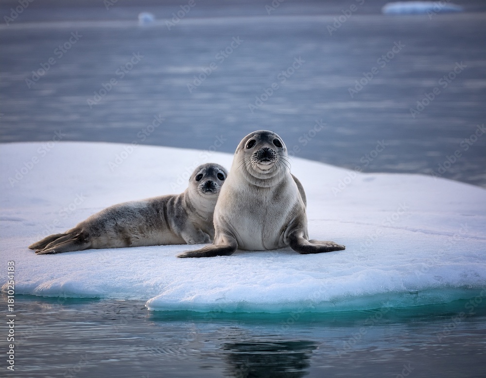 Naklejka premium Arctic Companions: Two Harbour Seals Relax on an Ice Floe in Calm, Cold Waters, Sharing a Peaceful Moment.
