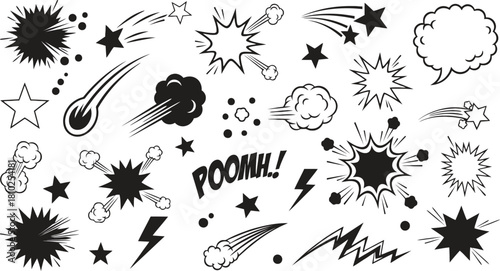 Hand drawn comic explosion and star design elements