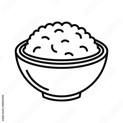 Simple black and white line drawing of a bowl filled with fluffy white rice