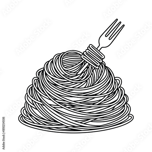 Hand drawn illustration of a fork stuck in a large pile of spaghetti
