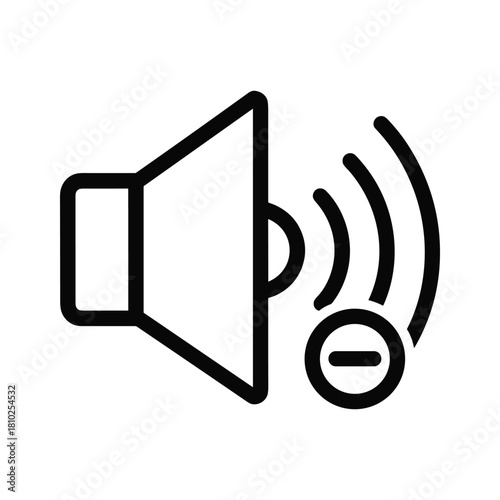 Simple outline icon of a speaker with sound waves and a volume down symbol