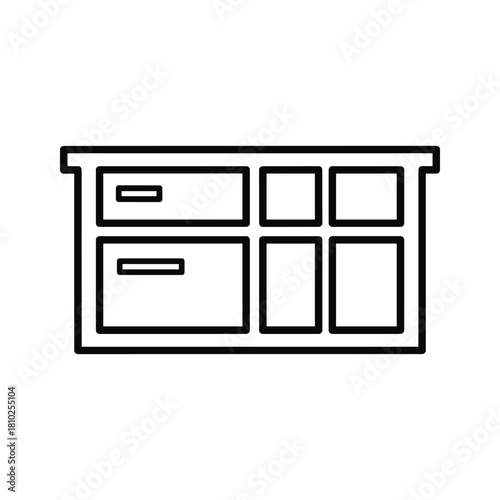 Simple outline drawing of a modern dresser with multiple drawers and compartments