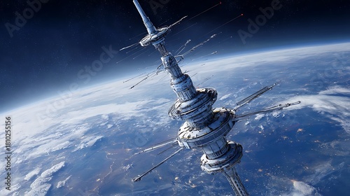 Fototapeta Naklejka Na Ścianę i Meble -  Futuristic space station orbiting the earth provides a glimpse into advanced technology