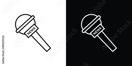 News microphone icons pack. Set of black and white liner stroke symbols