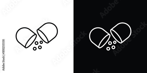 Open Capsule Pill icons pack. Set of black and white liner stroke symbols