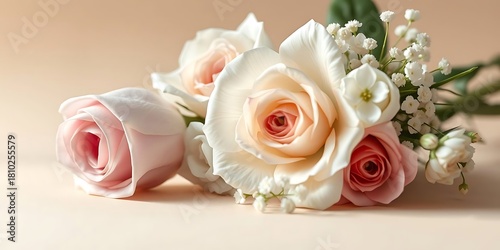 Fototapeta Naklejka Na Ścianę i Meble -  Elegant bouquet of pale pink and white roses with baby's breath, lying on a soft peach-colored background, ideal for romance and greeting cards.