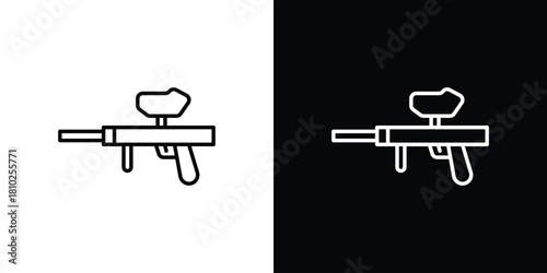 Paintball gun icons pack. Set of black and white liner stroke symbols