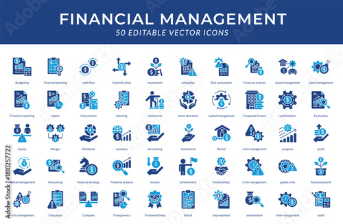 Financial Management color Fill Icons Collection. Vector Illustration