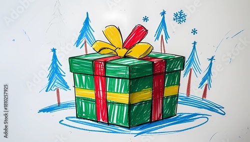 Christmas present drawing winter scene with trees and snowflakes festive