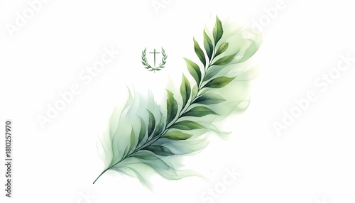 Watercolor leaves and cross religious art illustration