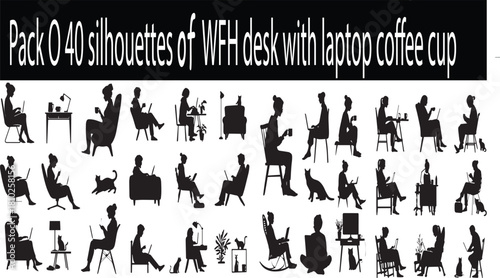 Work-from-Home Desk Silhouette Pack with Laptop and Coffee Cup