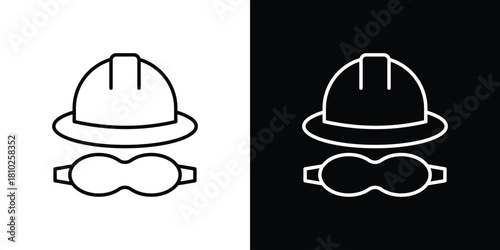 Safety helmet icons pack. Set of black and white liner stroke symbols