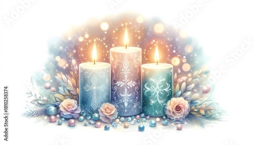 Decorative candles with floral accents and soft ethereal background light