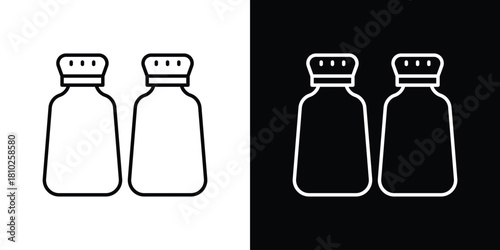 Salt and pepper shakers icons pack. Set of black and white liner stroke symbols