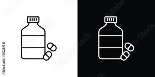 Sleeping pills icons pack. Set of black and white liner stroke symbols