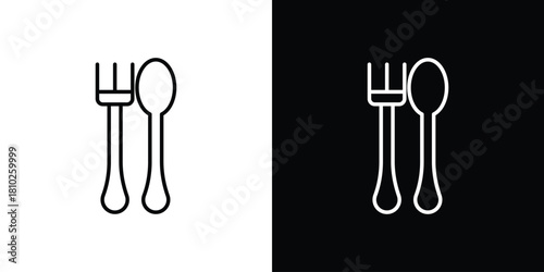 Spoon and Fork icons pack. Set of black and white liner stroke symbols
