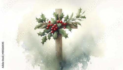 Christian cross decorated with holly and berries for the christmas season
