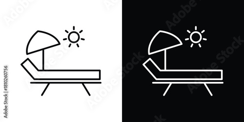 Sun bed icons pack. Set of black and white liner stroke symbols