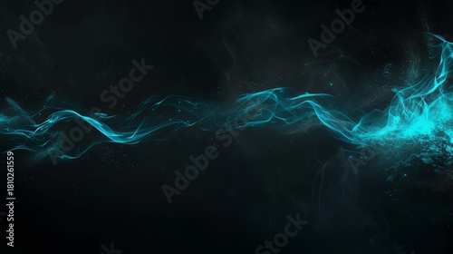 Abstract blue smoke wave on black background. Glowing cyan energy flow with particles. Futuristic neon light trail concept. Copy space