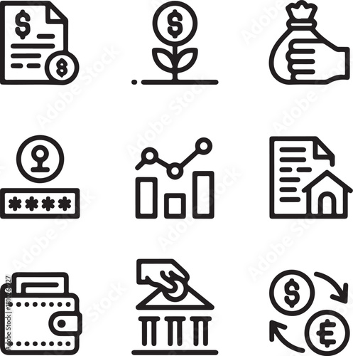 Bank icon set, vector illustration in modern thin line style. Editable finance, currency, savings, online banking, credit card, ATM, deposit, transaction, pictograms, infographics, mobile
