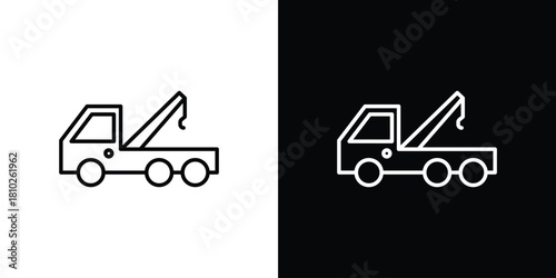 Tow truck icons pack. Set of black and white liner stroke symbols
