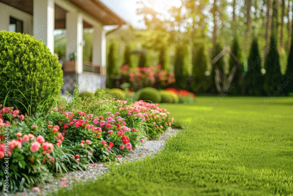 Obraz premium Beautiful garden with colorful flowers and lush greenery