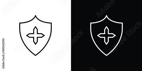 Virus protection shield icons pack. Set of black and white liner stroke symbols