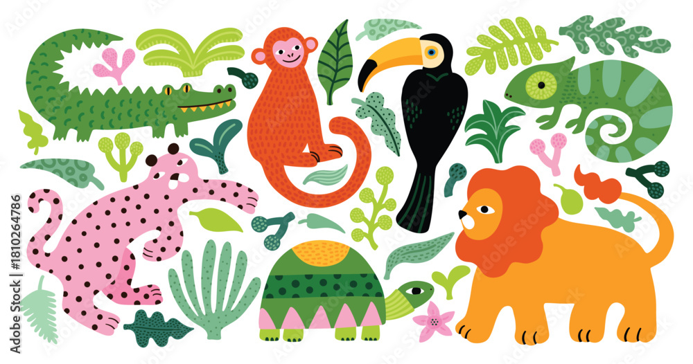 Obraz premium Set of cute african jungle animals and tropical leafes. Crocodile, leopard, monkey, toucan, lion, turtle, tortoise. Vector illustration in flat style. Jungle flora and fauna. Simple funny style.