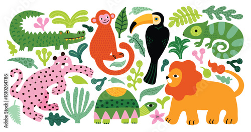 Set of cute african jungle animals and tropical leafes. Crocodile, leopard, monkey, toucan, lion, turtle, tortoise. Vector illustration in flat style. Jungle flora and fauna. Simple funny style.