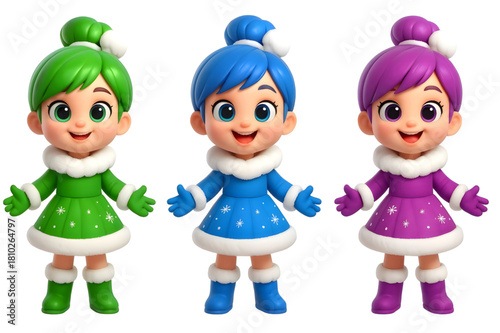 Three Girl Wear Matching Winter Outfits With Snowflake Patterns And They Have Bright Green Hair And  Blue Hair And Purple Hair.eps